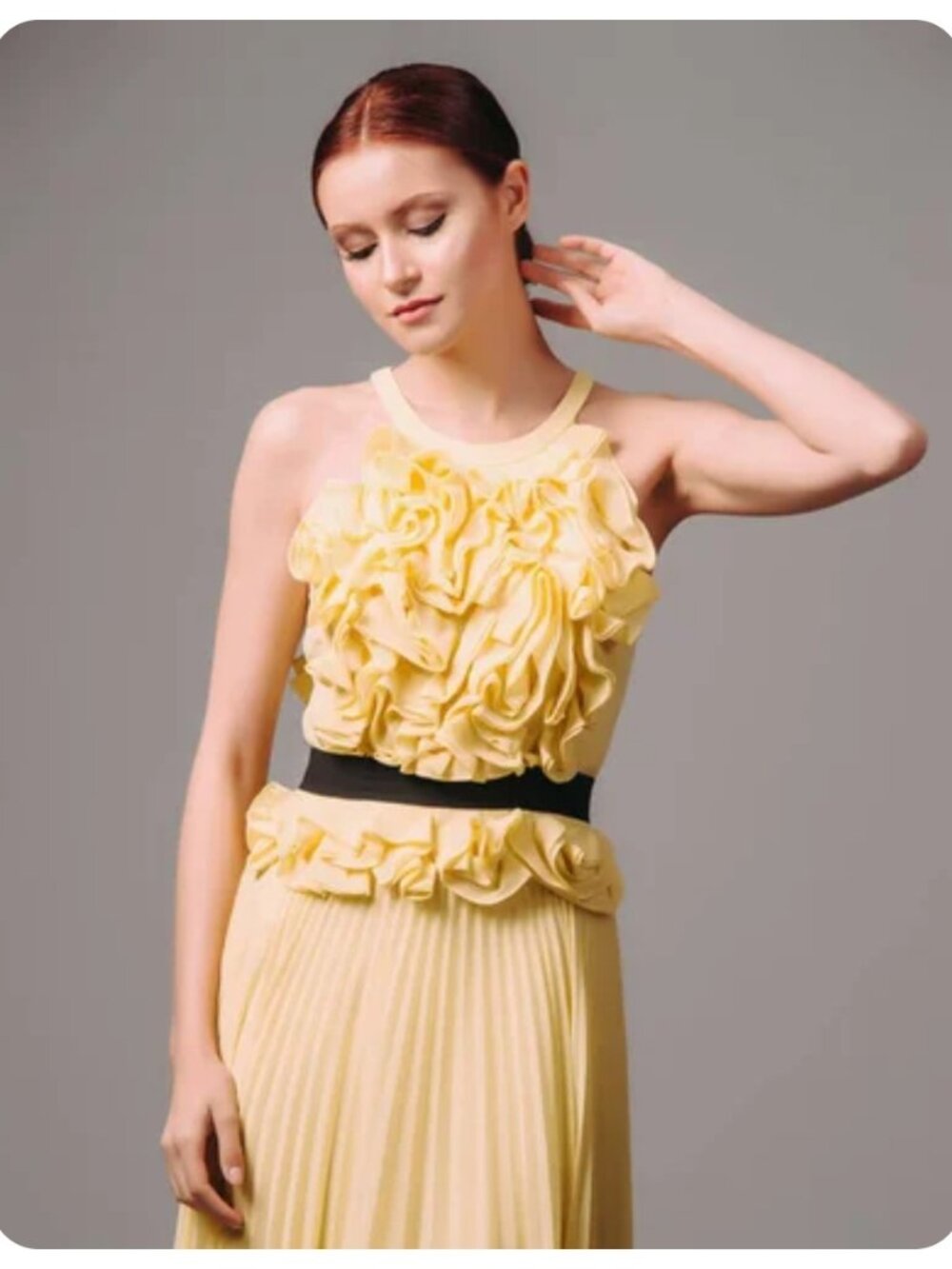 BCBGMaxAzria Yellow Ruffles Pleated Sleeveless Maxi Dress sz 4 - Picture 3 of 12